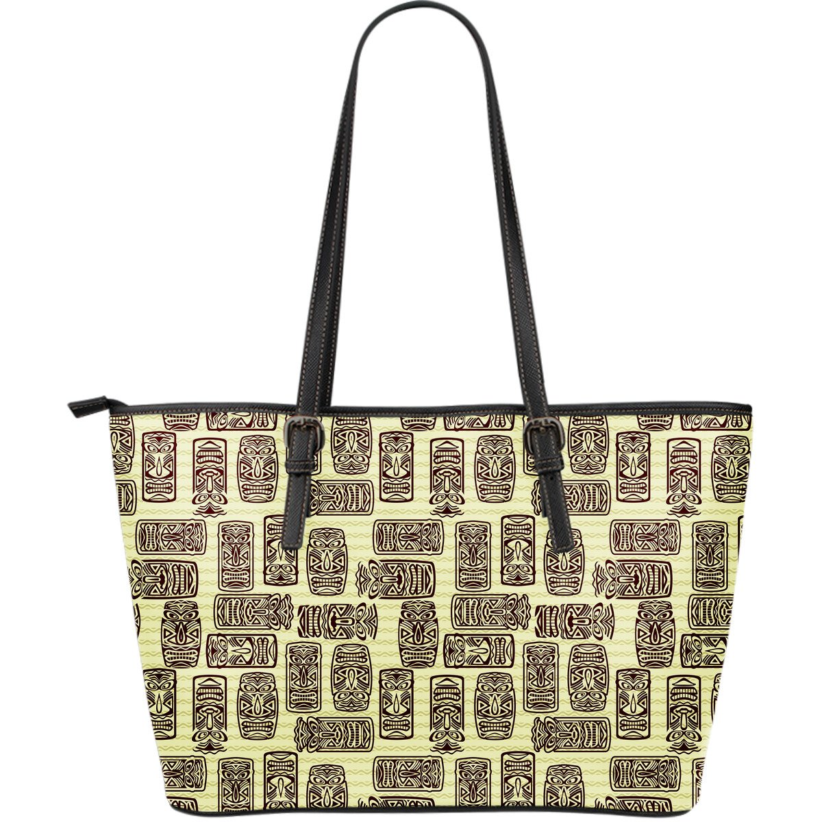 Tiki Brown Mask Print Large Leather Tote Bag