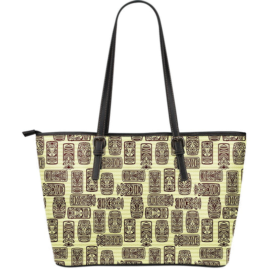 Tiki Brown Mask Print Large Leather Tote Bag