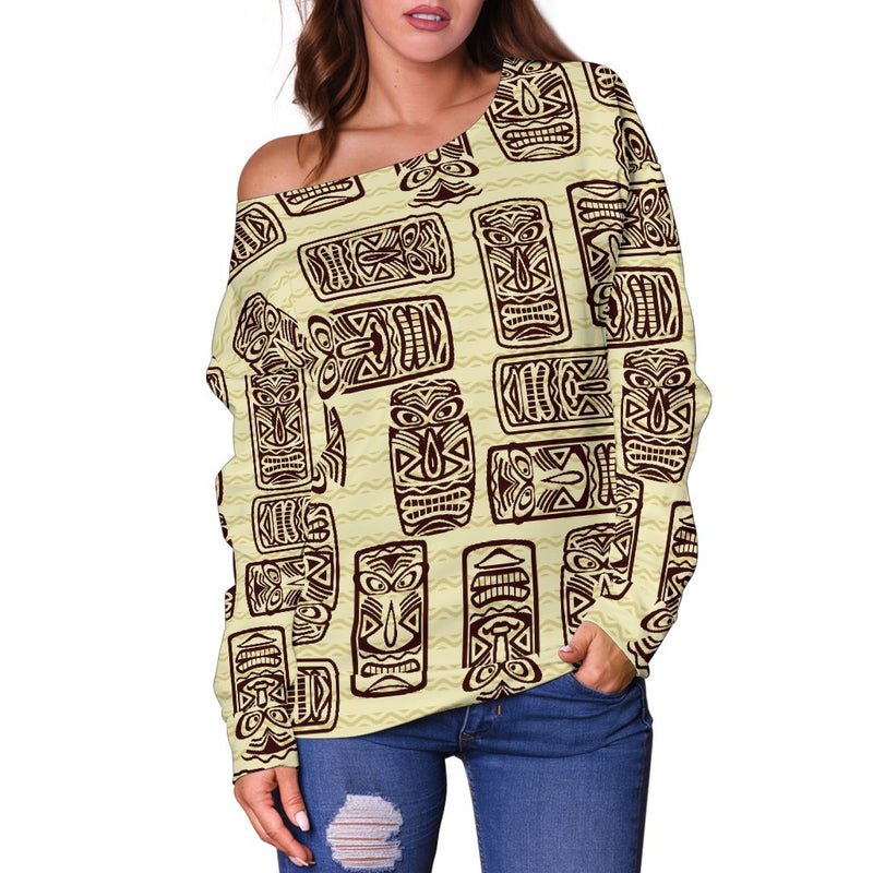 Tiki Brown Mask Print Off Shoulder Sweatshirt