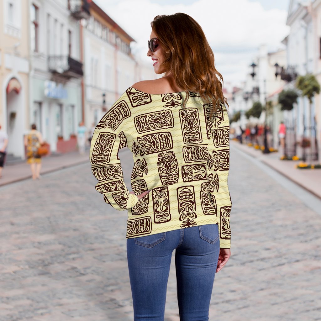 Tiki Brown Mask Print Off Shoulder Sweatshirt