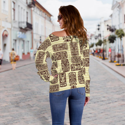 Tiki Brown Mask Print Off Shoulder Sweatshirt