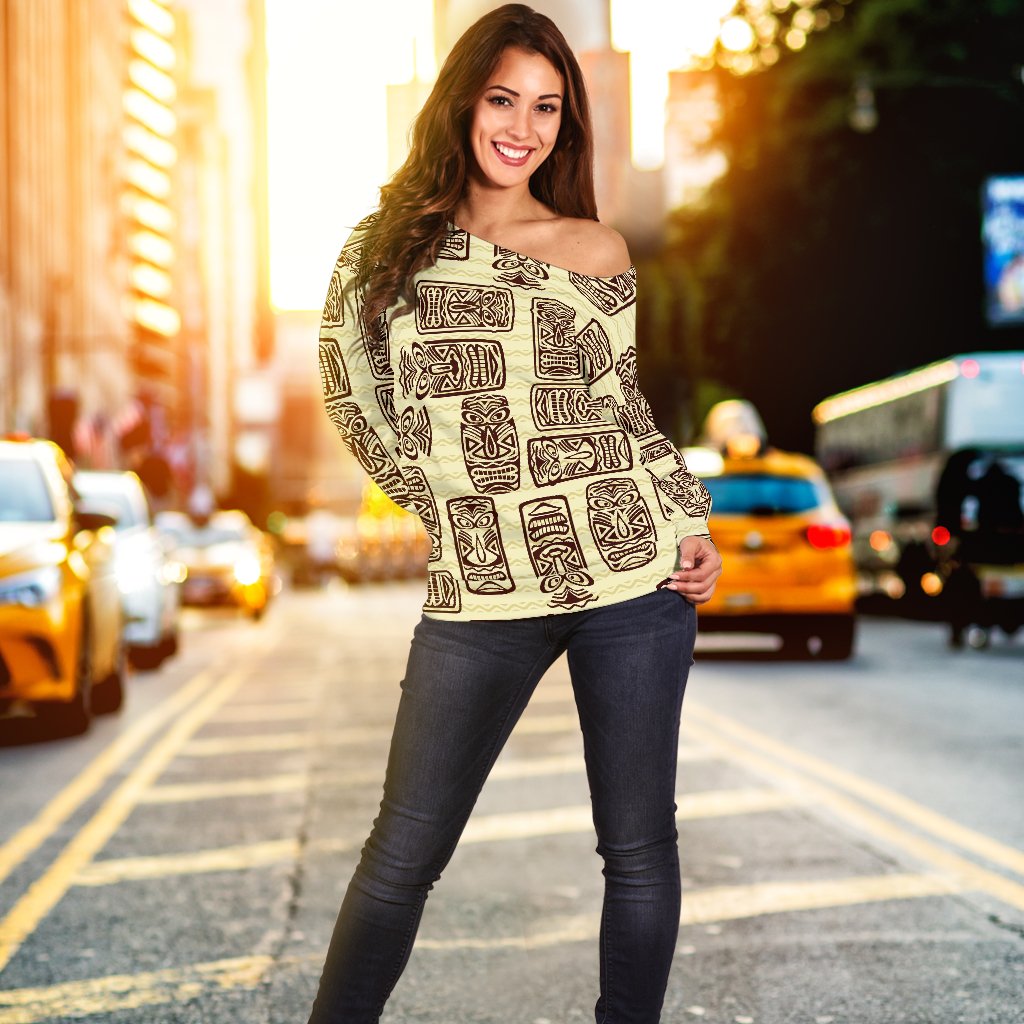 Tiki Brown Mask Print Off Shoulder Sweatshirt