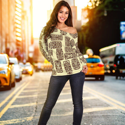 Tiki Brown Mask Print Off Shoulder Sweatshirt