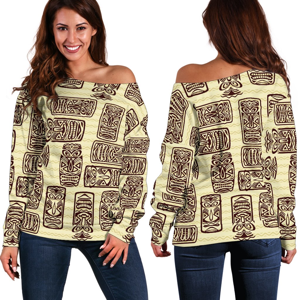 Tiki Brown Mask Print Off Shoulder Sweatshirt