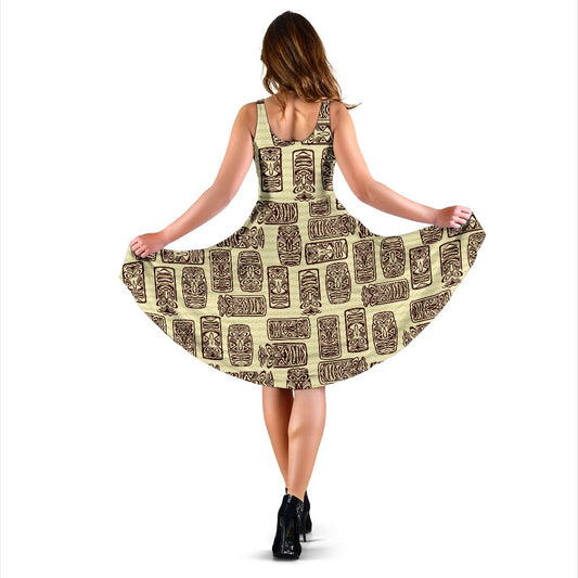 Tiki Brown Mask Print Sleeveless Mini Dress