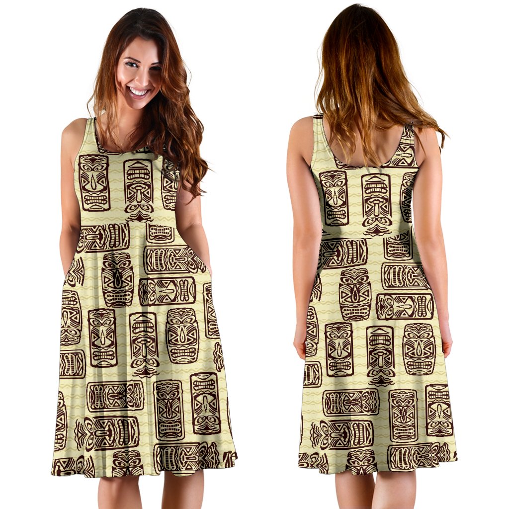 Tiki Brown Mask Print Sleeveless Mini Dress