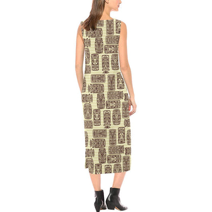 Tiki Brown Mask Print Sleeveless Open Fork Long Dress