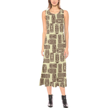 Tiki Brown Mask Print Sleeveless Open Fork Long Dress