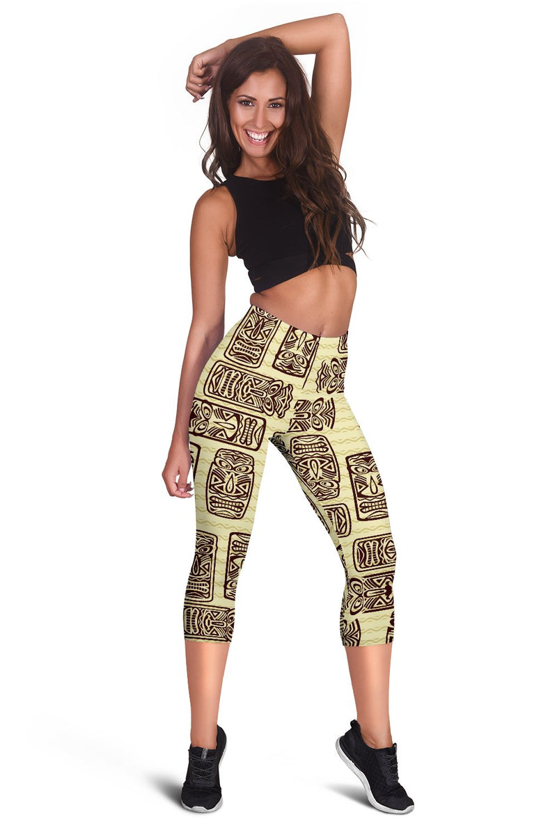 Tiki Brown Mask Print Women Capris