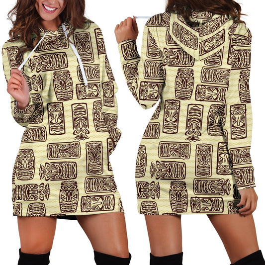 Tiki Brown Mask Print Women Hoodie Dress