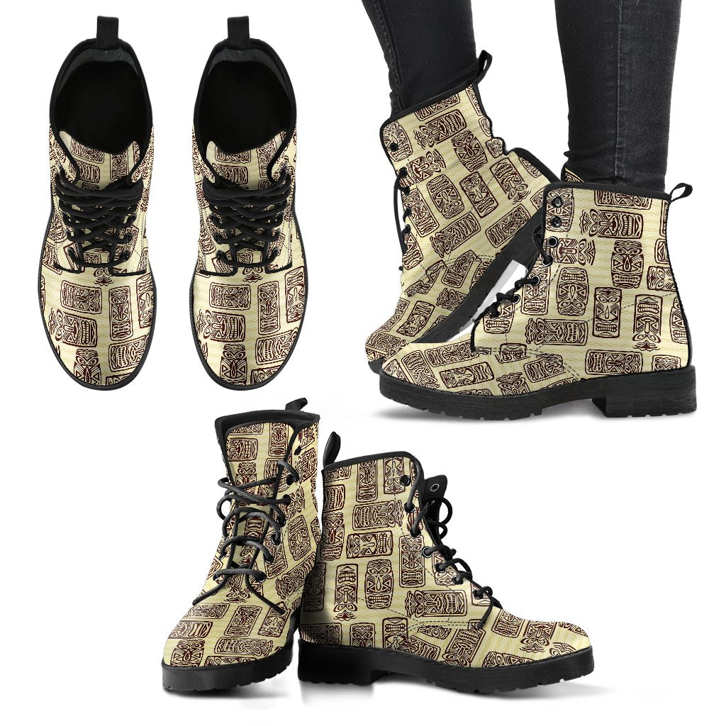Tiki Brown Mask Print Women Leather Boots