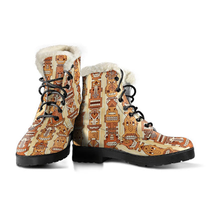 Tiki Orange Vertical Pattern Faux Fur Leather Boots