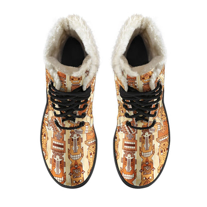 Tiki Orange Vertical Pattern Faux Fur Leather Boots