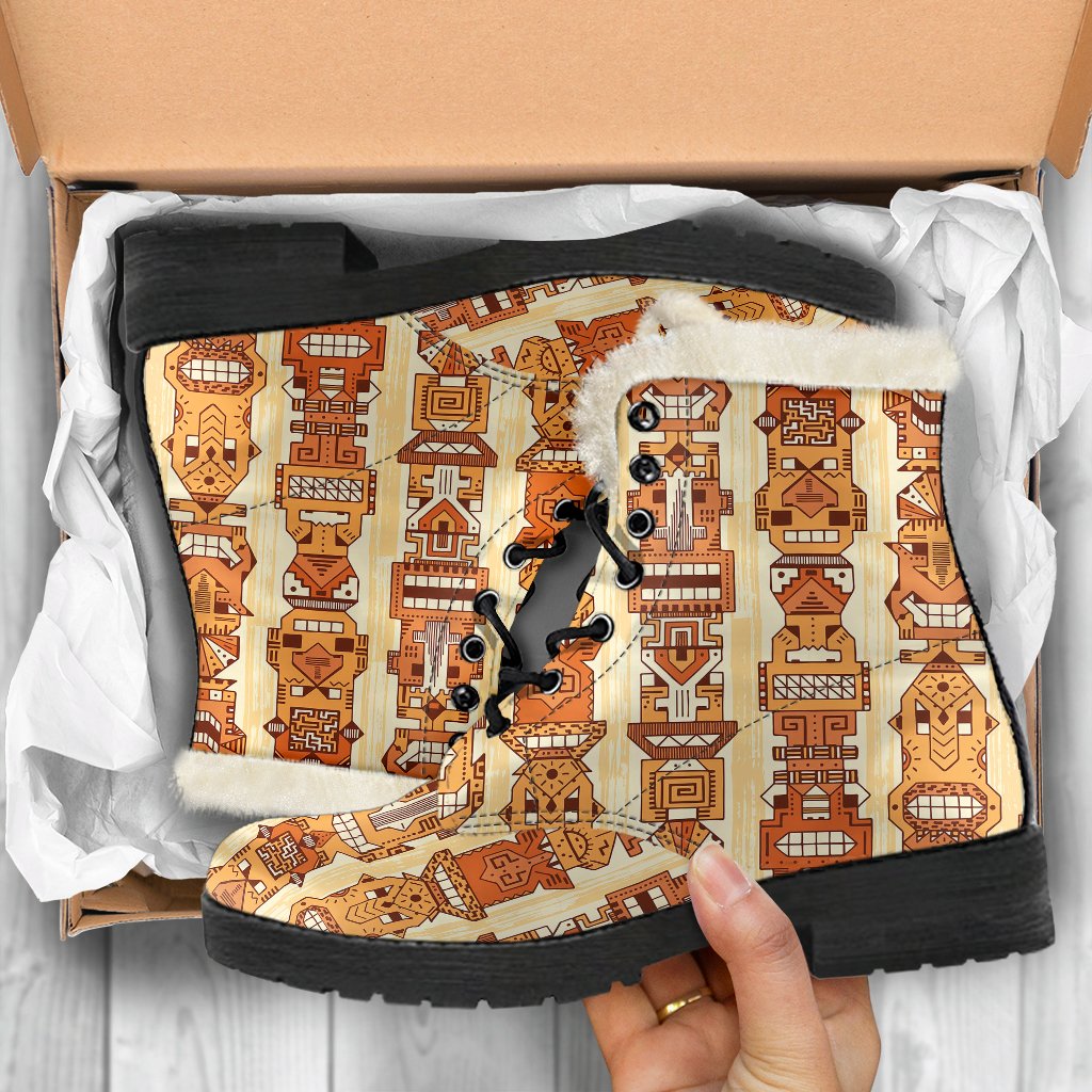Tiki Orange Vertical Pattern Faux Fur Leather Boots