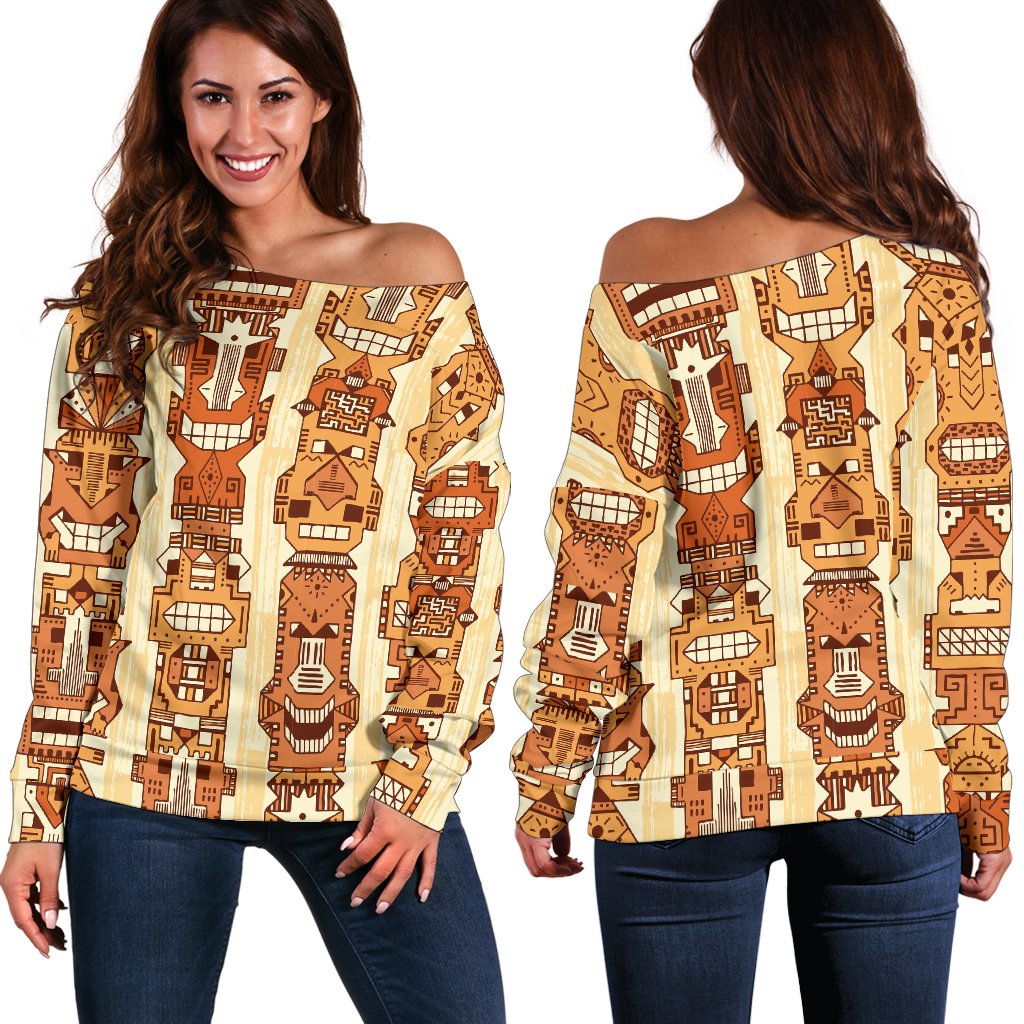 Tiki Orange Vertical Pattern Off Shoulder Sweatshirt