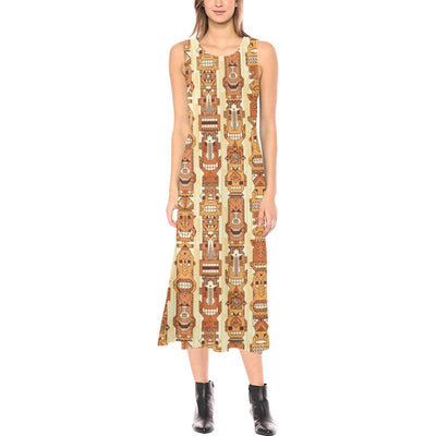 Tiki Orange Vertical Pattern Sleeveless Open Fork Long Dress