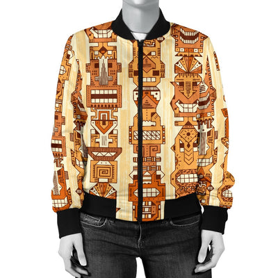 Tiki Orange Vertical Pattern Women Casual Bomber Jacket