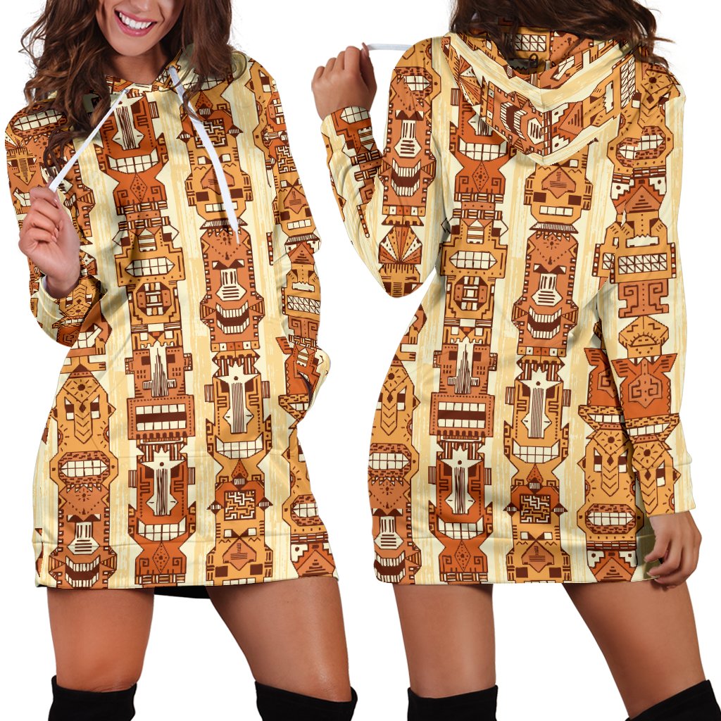 Tiki Orange Vertical Pattern Women Hoodie Dress