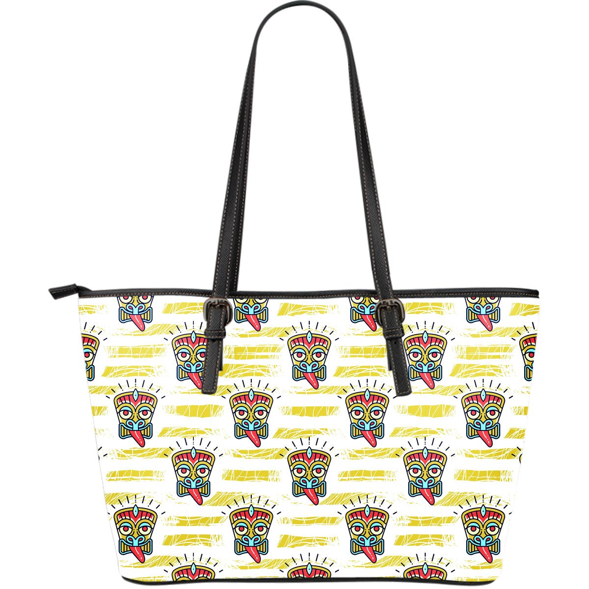 Tiki Smile Mask Print Pattern Large Leather Tote Bag