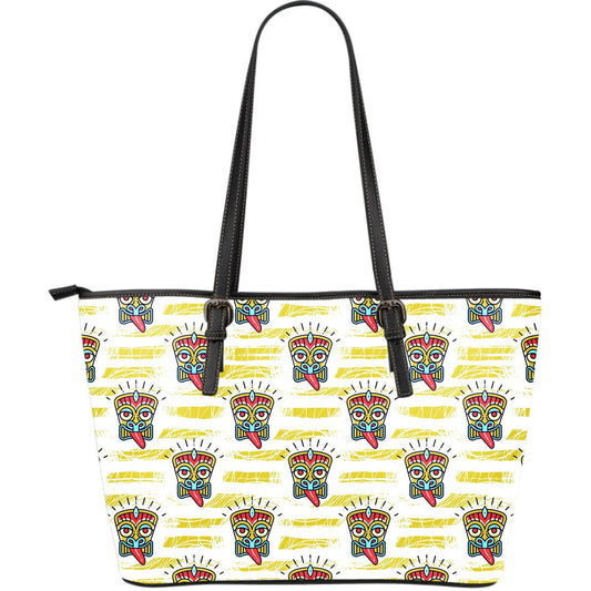 Tiki Smile Mask Print Pattern Large Leather Tote Bag