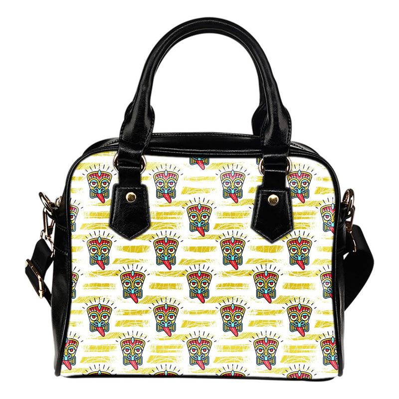 Tiki Smile Mask Print Pattern Leather Shoulder Handbag