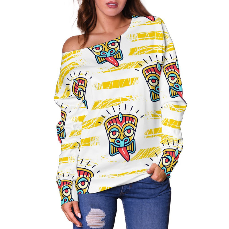 Tiki Smile Mask Print Pattern Off Shoulder Sweatshirt