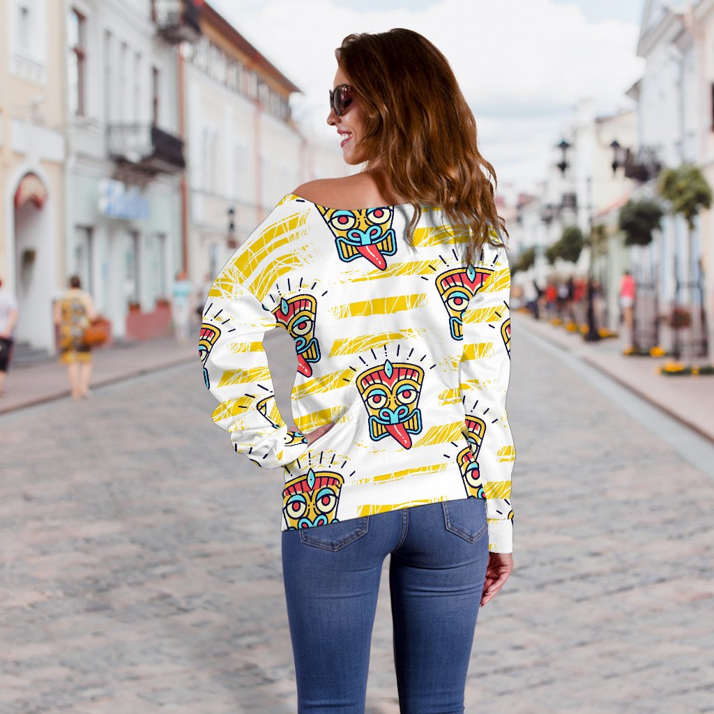 Tiki Smile Mask Print Pattern Off Shoulder Sweatshirt
