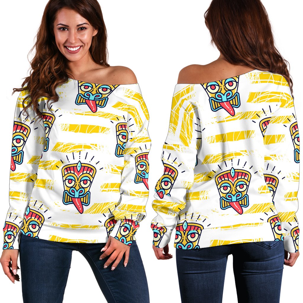 Tiki Smile Mask Print Pattern Off Shoulder Sweatshirt