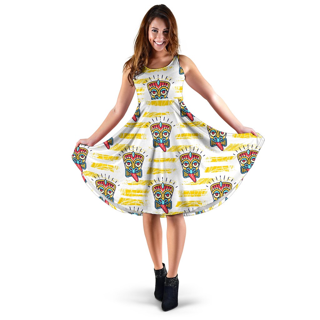 Tiki Smile Mask Print Pattern Sleeveless Mini Dress