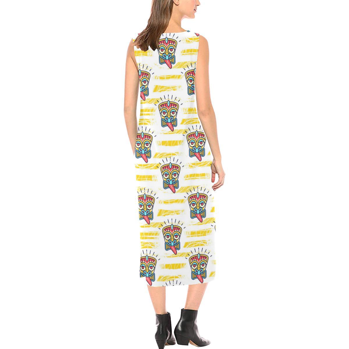 Tiki Smile Mask Print Pattern Sleeveless Open Fork Long Dress