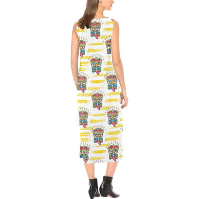 Tiki Smile Mask Print Pattern Sleeveless Open Fork Long Dress