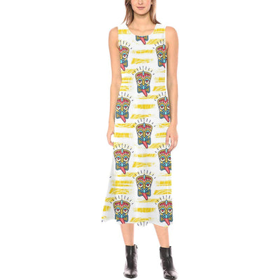 Tiki Smile Mask Print Pattern Sleeveless Open Fork Long Dress