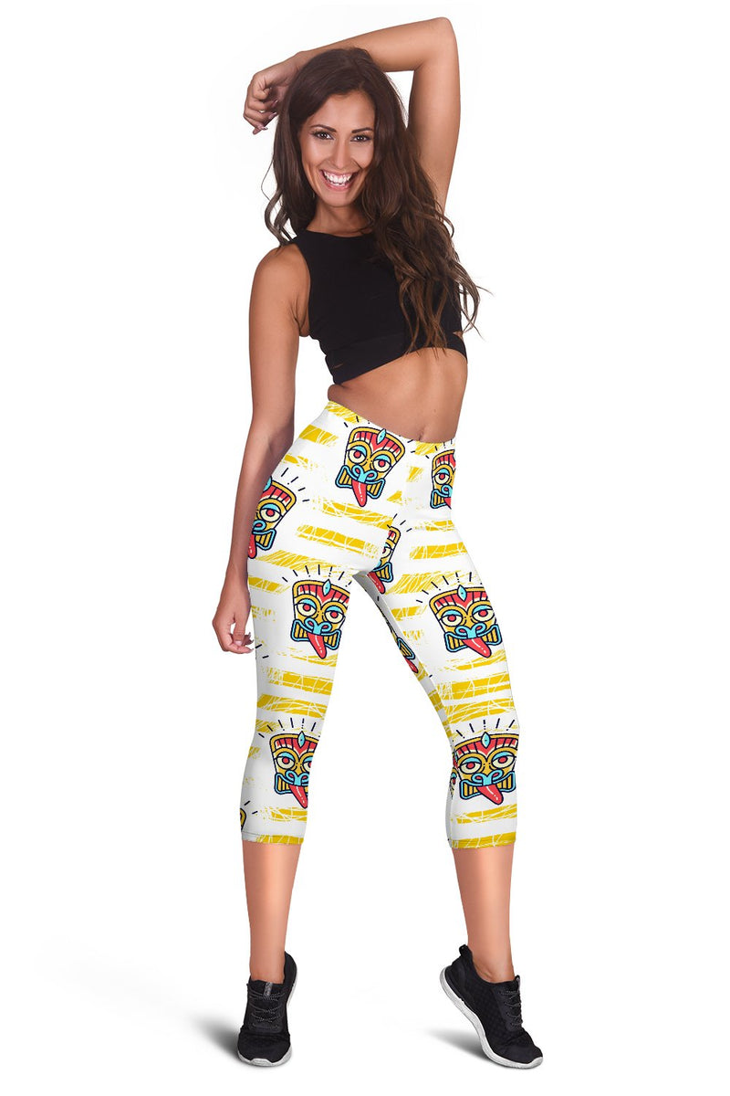 Tiki Smile Mask Print Pattern Women Capris