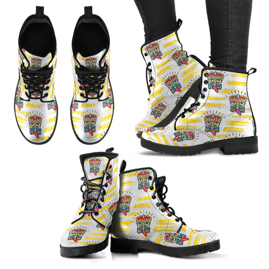 Tiki Smile Mask Print Pattern Women Leather Boots
