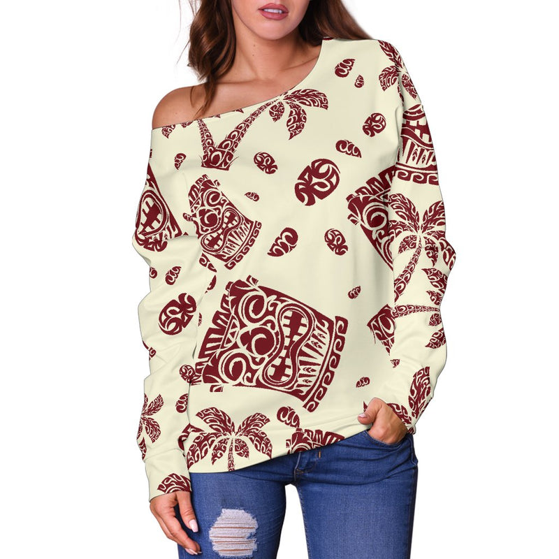 Tiki Tribal Mask Palm Tree Off Shoulder Sweatshirt