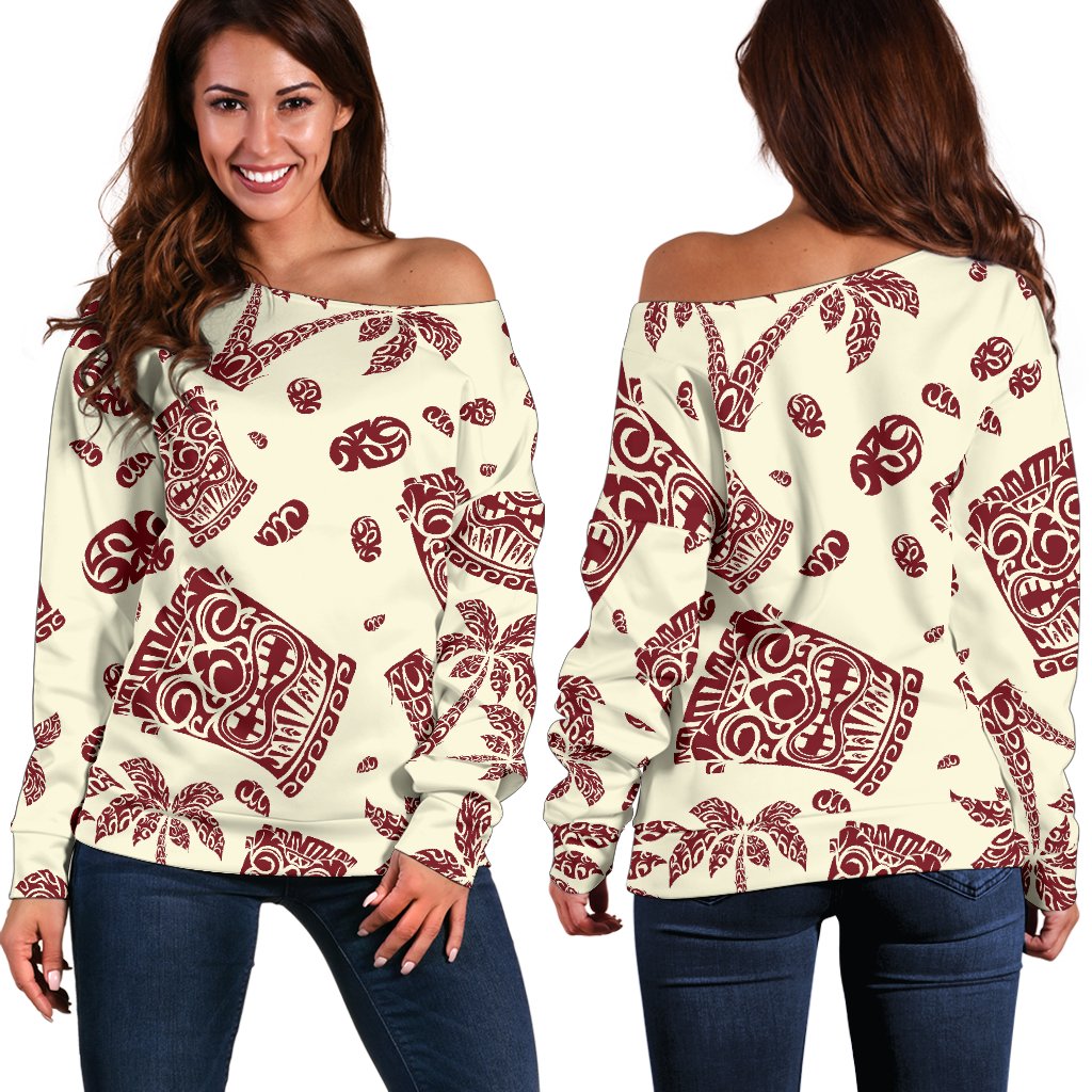 Tiki Tribal Mask Palm Tree Off Shoulder Sweatshirt