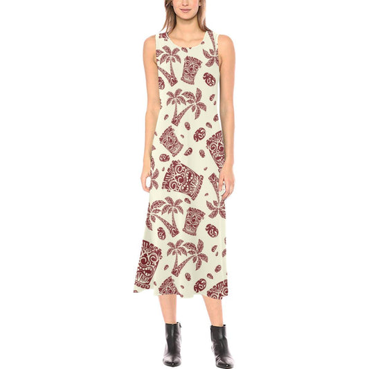 Tiki Tribal Mask Palm Tree Sleeveless Open Fork Long Dress