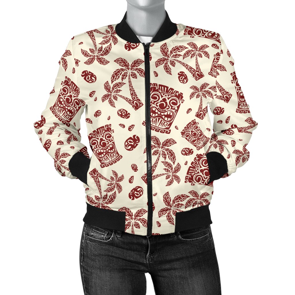 Tiki Tribal Mask Palm Tree Women Casual Bomber Jacket