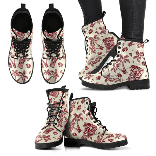 Tiki Tribal Mask Palm Tree Women Leather Boots