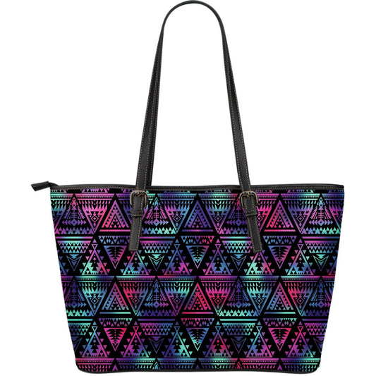 Tribal aztec Dark Multicolor Large Leather Tote Bag