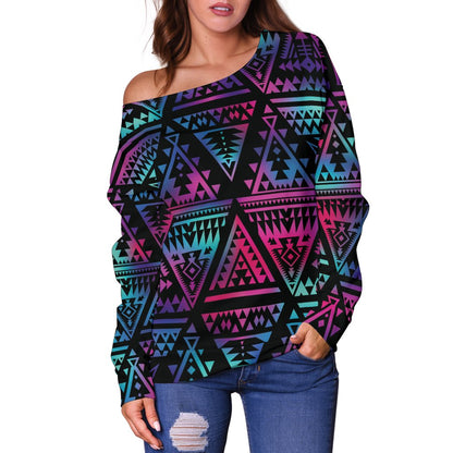 Tribal Aztec Dark Multicolor Off Shoulder Sweatshirt