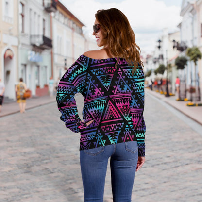 Tribal Aztec Dark Multicolor Off Shoulder Sweatshirt