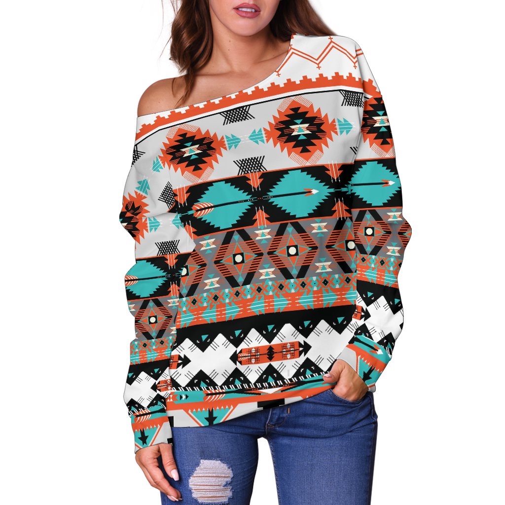 Tribal Aztec Indians Pattern Off Shoulder Sweatshirt