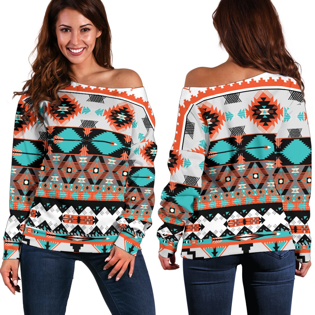 Tribal Aztec Indians Pattern Off Shoulder Sweatshirt