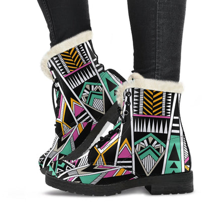 Tribal Aztec Triangle Faux Fur Leather Boots