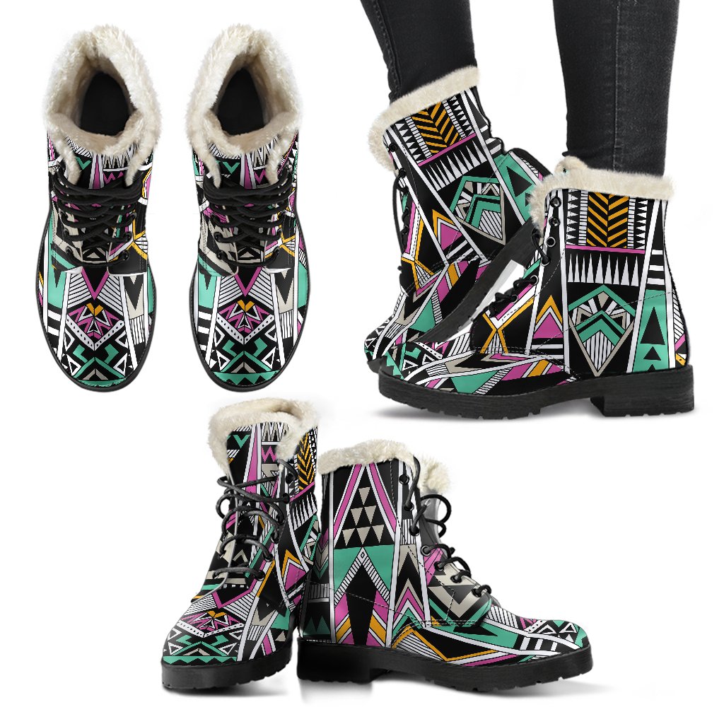 Tribal Aztec Triangle Faux Fur Leather Boots