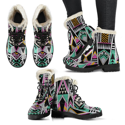 Tribal Aztec Triangle Faux Fur Leather Boots