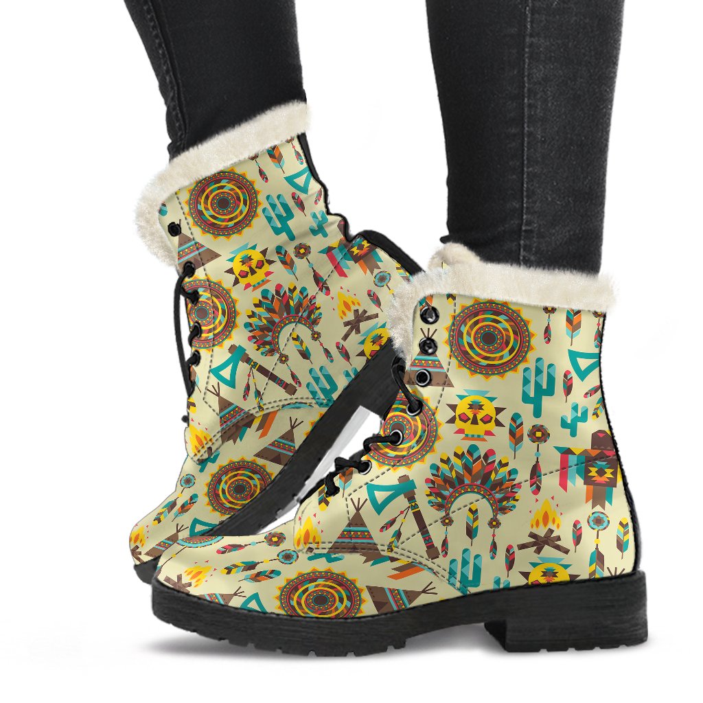Tribal Indians Native American Aztec Faux Fur Leather Boots