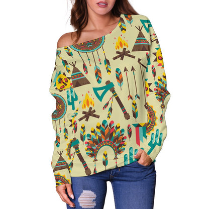 Tribal Indians Native American Aztec Off Shoulder Sweatshirt