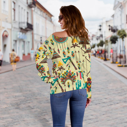 Tribal Indians Native American Aztec Off Shoulder Sweatshirt